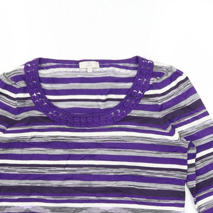 Close-up detail of Country Casuals women’s purple striped jumper, size S