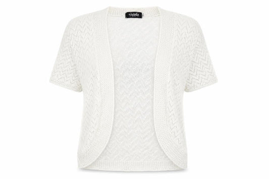 Front view of Whisper women’s white knit shrug jumper, size M