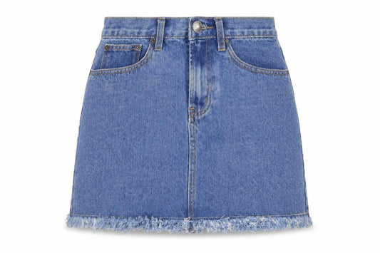 Front view of The Rockin Rev women’s blue denim a-line skirt, size UK 8