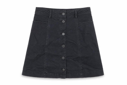 Front view of Divided by H&M women’s black denim a-line skirt, size UK 4