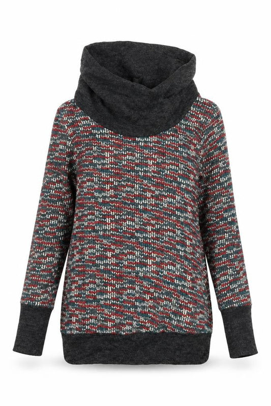Front view of urban angel women’s red geometric jumper, size UK 8, - turtle neck