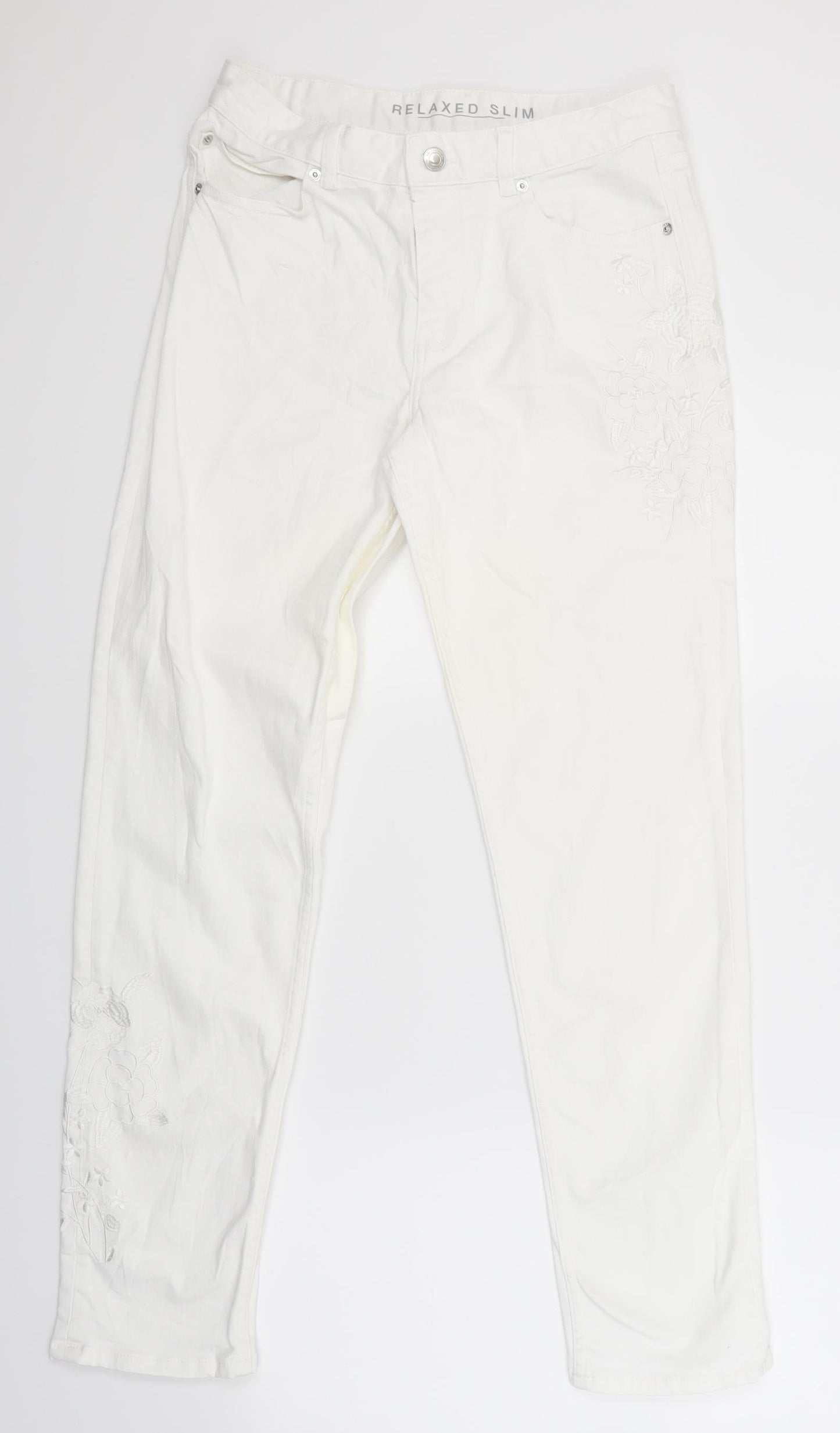 Marks and Spencer Womens White  Denim Straight Jeans Size 10 L28.5 in - flowers