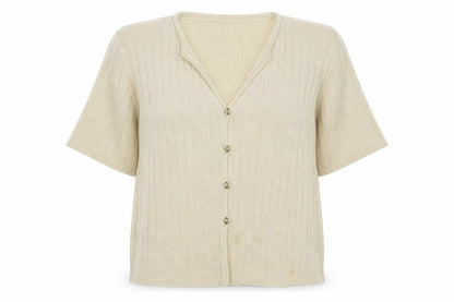 Front view of Keeno women’s beige cardigan jumper, size L