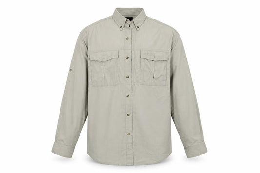 Front view of Greys men’s beige button-up, size M