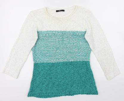 Front view of Bonmarché women’s green striped jumper, size S