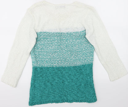 Back view of Bonmarché women’s green striped jumper, size S