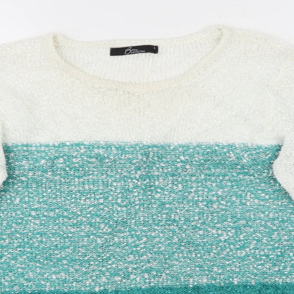 Close-up detail of Bonmarché women’s green striped jumper, size S