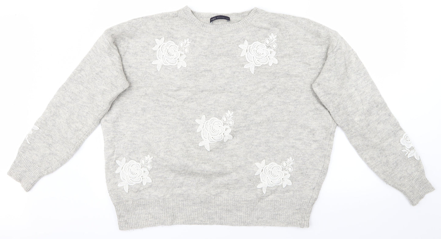 M&S Womens Grey   Pullover Jumper Size L  - Flowers