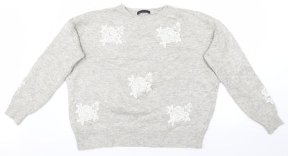 Front view of Marks & Spencer women’s grey jumper, size L, - flowers