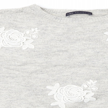 Close-up detail of Marks & Spencer women’s grey jumper, size L, - flowers