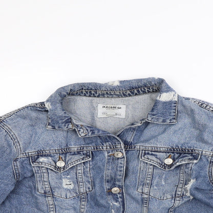 Close-up detail of Pull&Bear women’s blue jacket, size UK 10