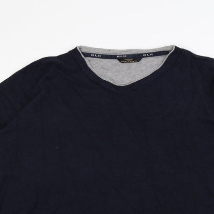 Close-up detail of Marks & Spencer men’s blue jumper, size L