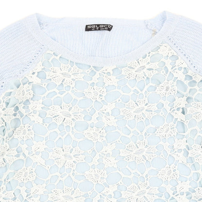 Close-up detail of Select women’s blue floral jumper, size UK 18