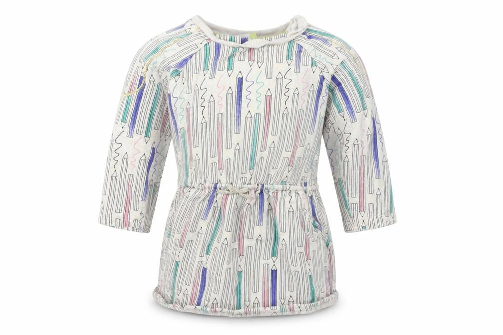 Front view of Boots Mini Club girls’ grey jumper dress, size 18-24, months - fearne cotton pencil print