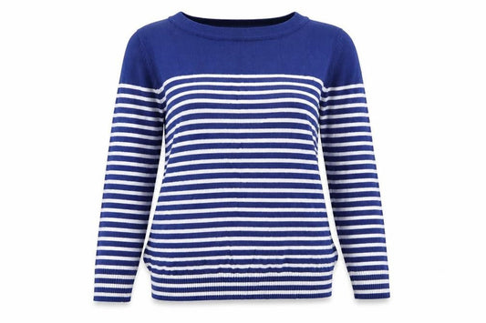 Front view of Joseph A women’s blue striped jumper, size L