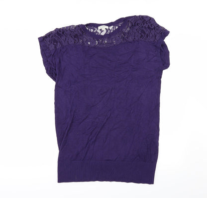 Additional front view of Kaliko women’s purple jumper, size UK 12, - lace detail