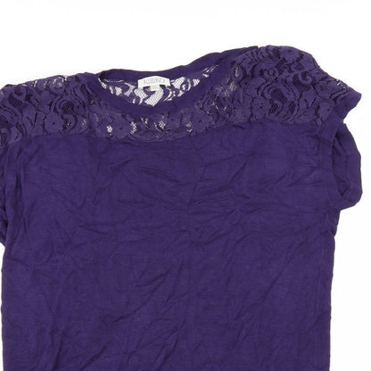 Close-up detail of Kaliko women’s purple jumper, size UK 12, - lace detail