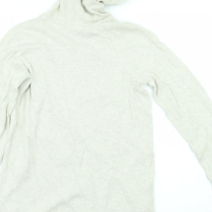 Brand and care label for H&M girls’ beige pullover hoodie, size 13-14, years