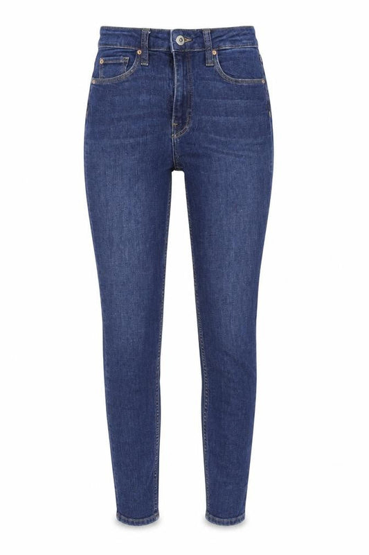 Front view of H&M women’s blue denim skinny jeans, size UK 6, 28-inch leg