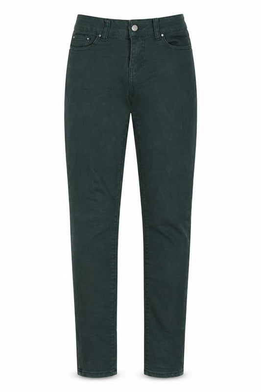 Front view of farfallina women’s green skinny jeans, size UK 14, 20-inch leg