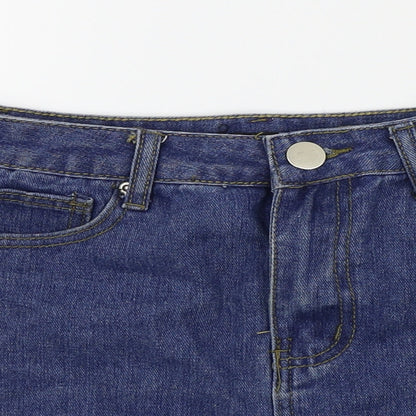Close-up detail of Boohoo women’s blue maxi skirt, size UK 8