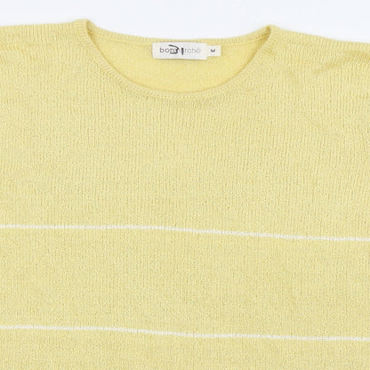 Close-up detail of Bonmarché women’s yellow striped basic t-shirt, size M