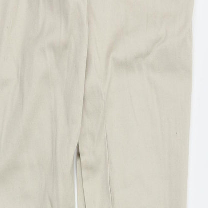 Brand and care label for Stradivarius women’s beige trousers, size UK 38, 29-inch leg