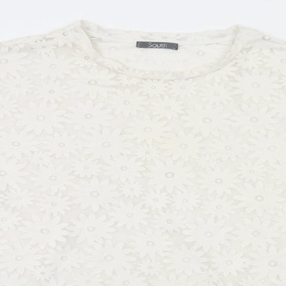 Close-up detail of South women’s silver floral basic t-shirt, size UK 16