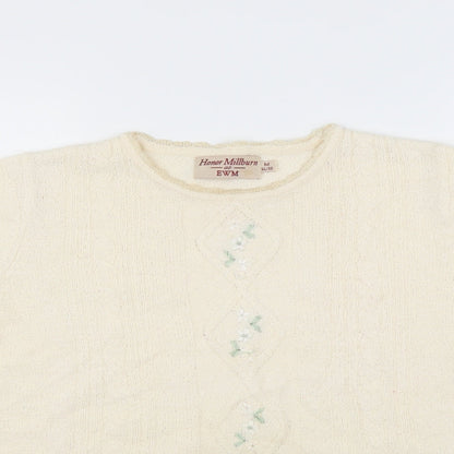 Close-up detail of EWM women’s ivory jumper, size M, - floral embroidery