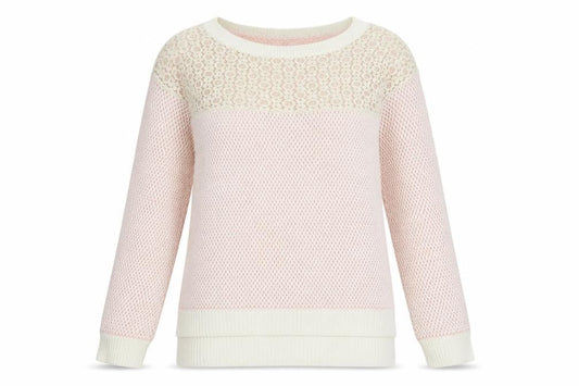Front view of ASOS women’s pink jumper, size UK 6, - lace neckline detail