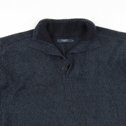 Close-up detail of Atlantic Bay men’s blue jumper