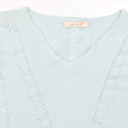 Close-up detail of Per Una women’s blue jumper, size UK 10