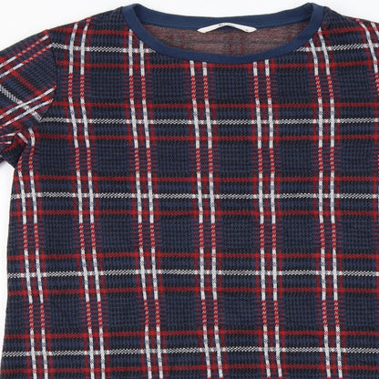 Close-up detail of Tu women’s blue check jumper, size UK 10