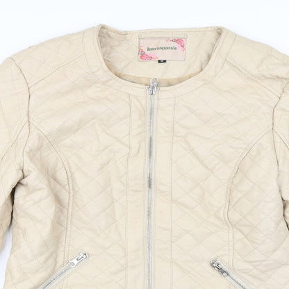 Close-up detail of Internationale women’s beige jacket coat, size UK 12