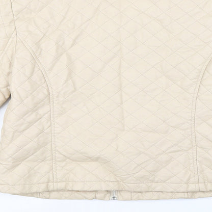 Brand and care label for Internationale women’s beige jacket coat, size UK 12