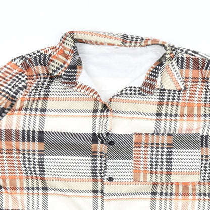 Close-up detail of Preworn women’s orange check basic button-up, size 3XL