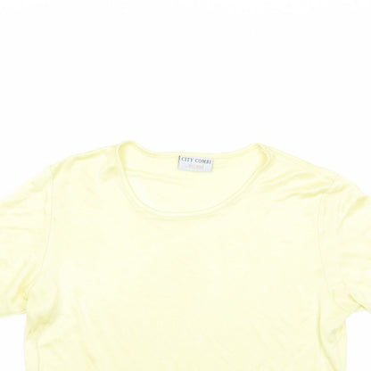 Close-up detail of delmond women’s yellow basic t-shirt, size UK 10