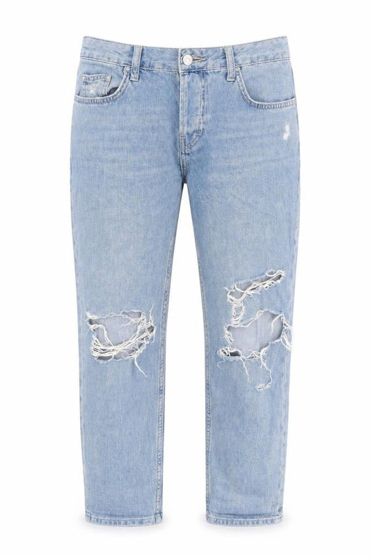 Front view of Topahop women’s blue straight jeans, size UK 26, in, 32-inch leg