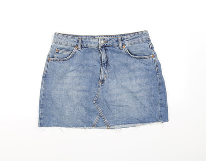 Front view of Topshop women’s blue a-line skirt, size UK 10