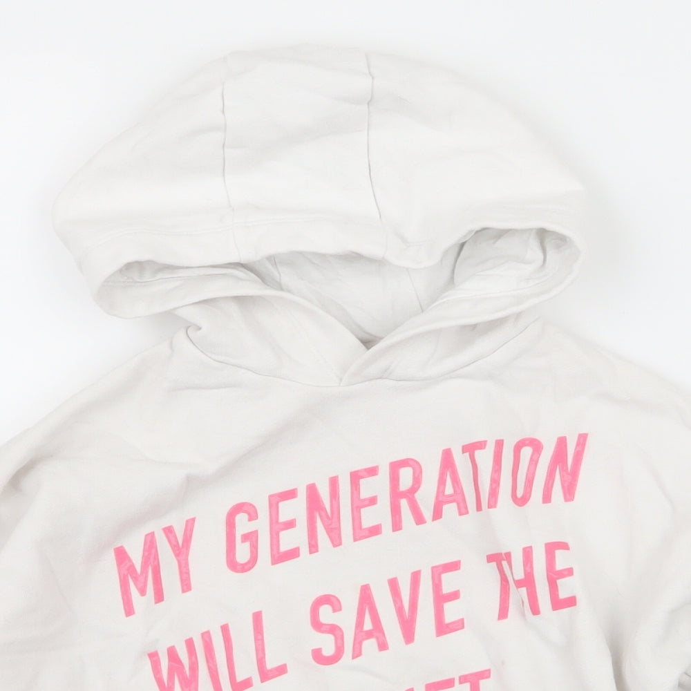 Close-up detail of F&F girls’ white jersey pullover hoodie, size 7-8, years - my generation