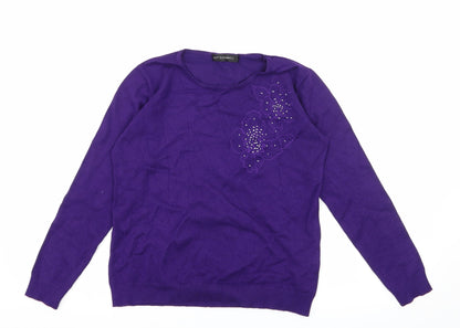 Additional front view of Just Elegance women’s purple floral knit jumper, size S
