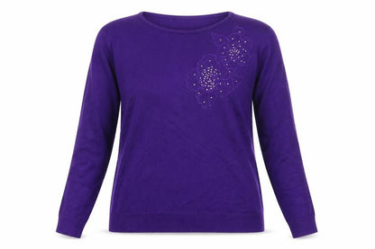 Front view of Just Elegance women’s purple floral knit jumper, size S
