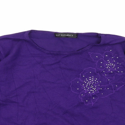 Close-up detail of Just Elegance women’s purple floral knit jumper, size S
