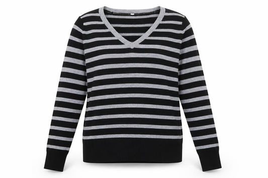 Front view of BHS women’s grey striped knit jumper, size UK 10