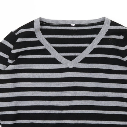 Close-up detail of BHS women’s grey striped knit jumper, size UK 10