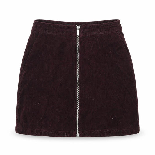 Front view of New Look women’s purple corduroy a-line skirt, size UK 6