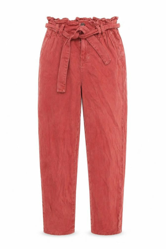 Front view of Denim & Co. women’s red denim mom jeans, size UK 6, 28-inch leg