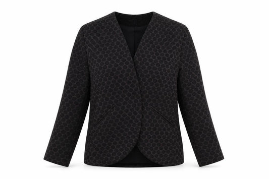 Front view of Preworn women’s grey polka dot jacket coat, size XS