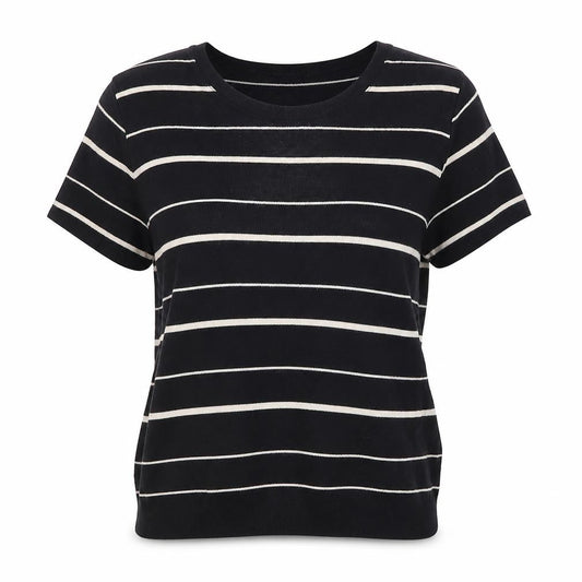 Front view of Dash women’s black striped jumper, size UK 10