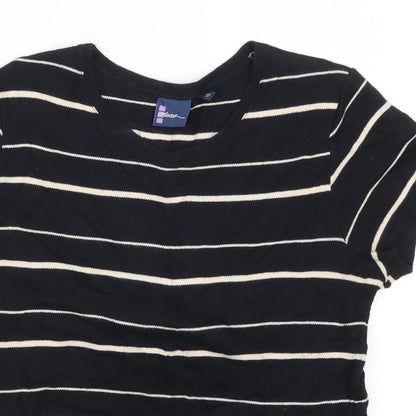 Close-up detail of Dash women’s black striped jumper, size UK 10